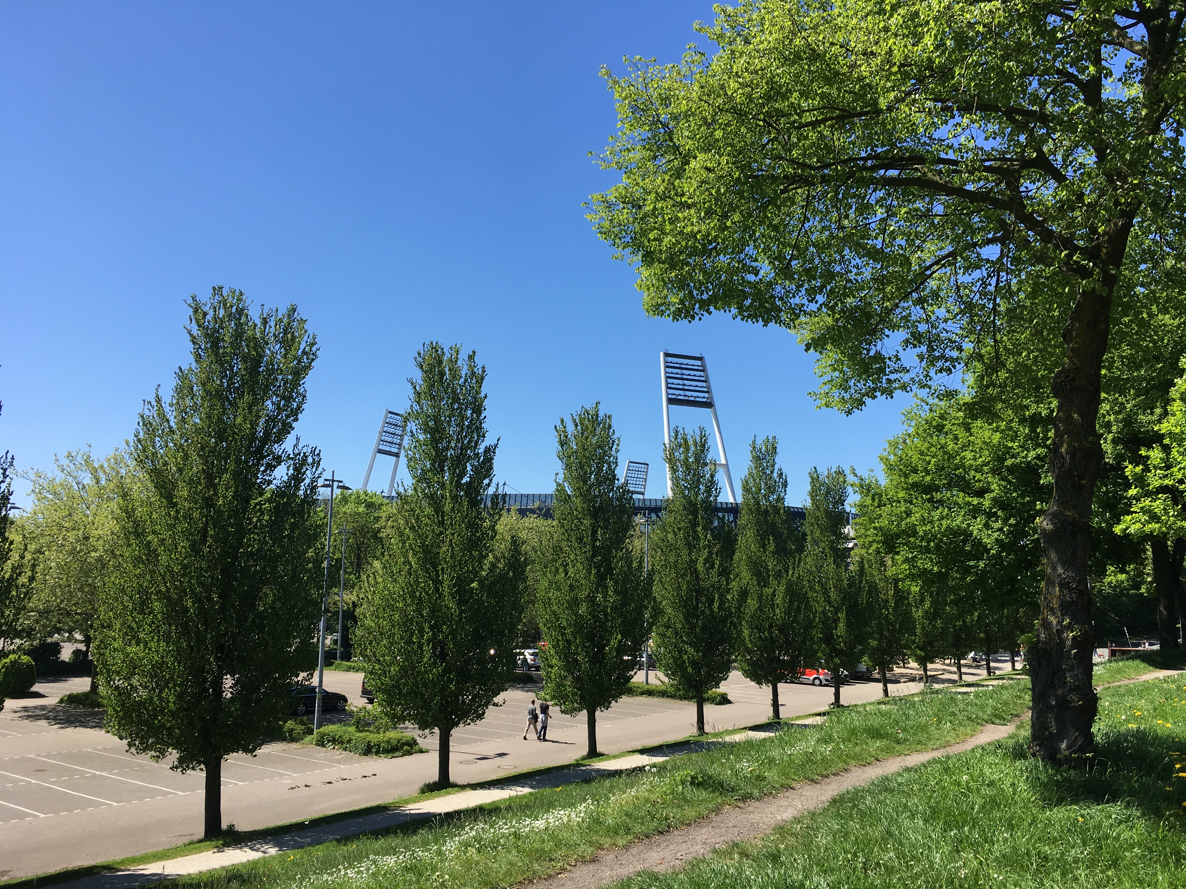Blick auf das Weserstadion von Außen hinter den Grünanlagen